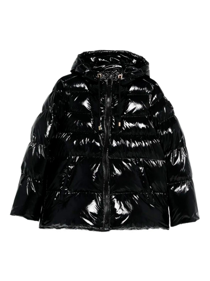 Pinko Oversized Black Puffy Coat With Glossy Finish And Hood In Black