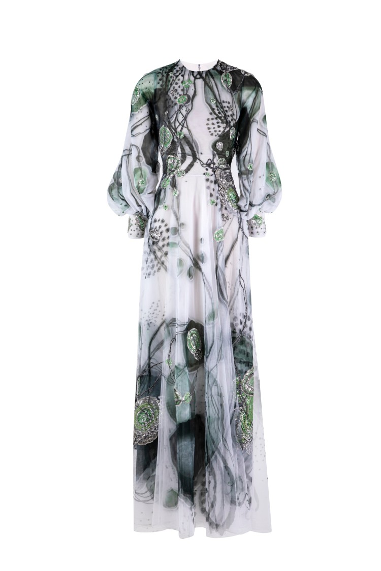 Saiid Kobeisy Tulle Printed Dress With Beading In Gray