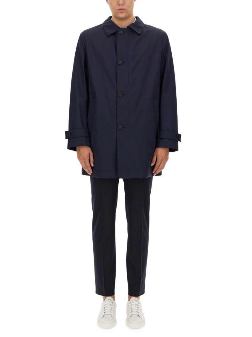 Hugo Boss Boss Classic Button-up Black Trench Coat With Extended Back Hem In Blue