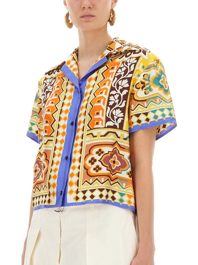 Etro Short Sleeve Collared Cropped Print Top In Multi