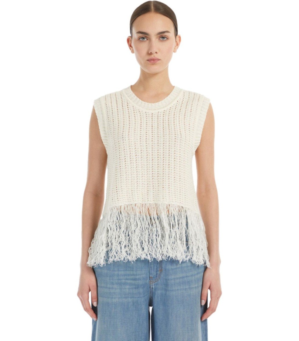 Max Mara Navetta White Fringed Top In Neutral