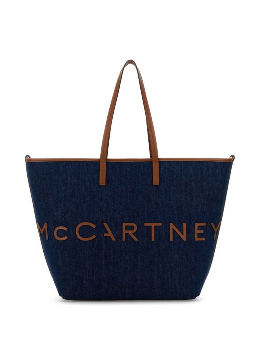 Stella Mccartney Structured Tote Bag With Denim-like Texture And Bold Lettering In Blue