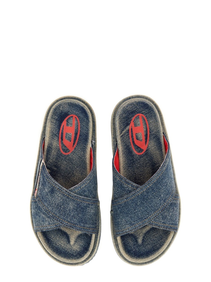 Diesel Sa-slide-denim Slides With Criss-cross Straps In Blue