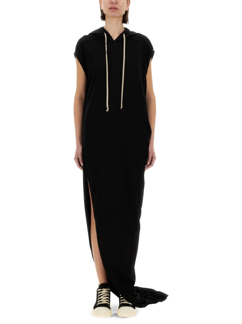 Rick Owens Drkshdw Drkshdw By Rick Owens Hooded Black Maxi Dress With Side Slits In Black