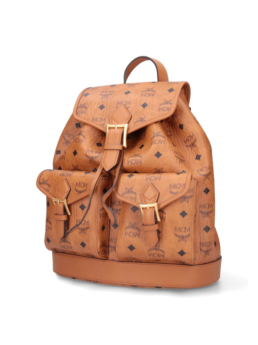 Mcm Small Brown Visetos Backpack With Leather Accents In Brown