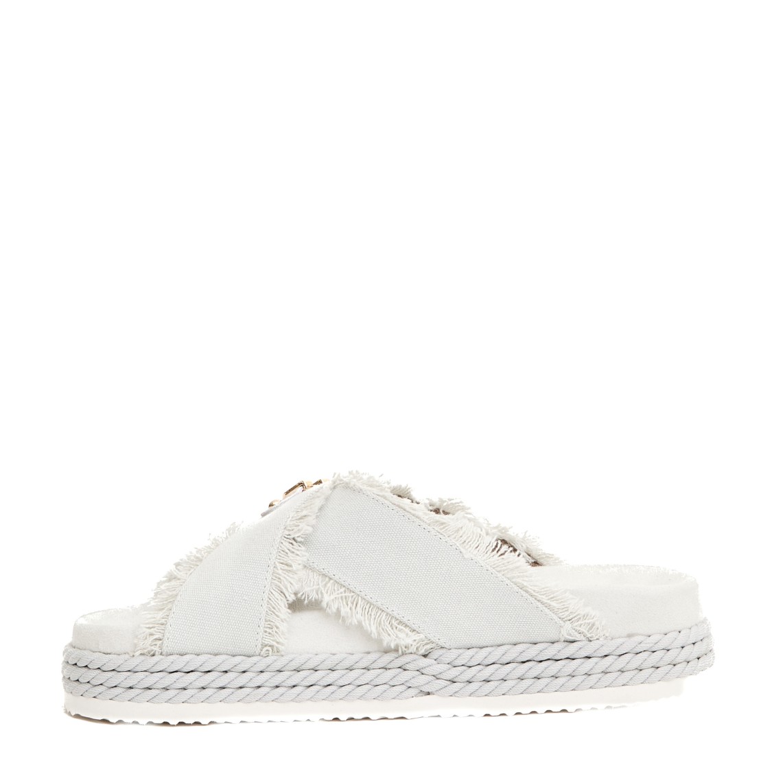 MOU MOU CROSS-STRAP CANVAS SANDALS WITH FRAYED EDGES