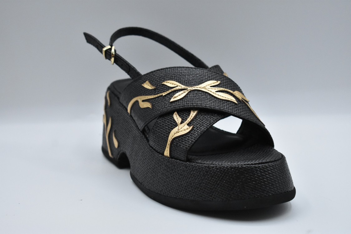 Jeannot Textured Black Wedge Sandals With Gold Leaf Detailing In Black