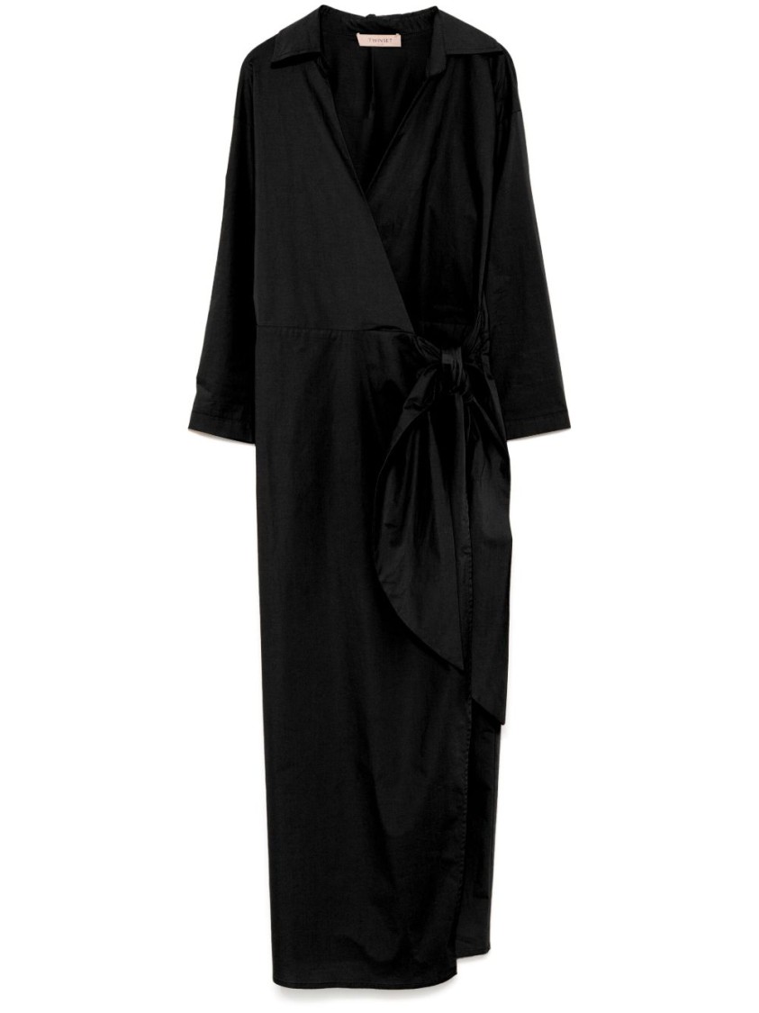 Twinset Twin-set Wrap-design Black Midi Dress With Tie Waist In Black