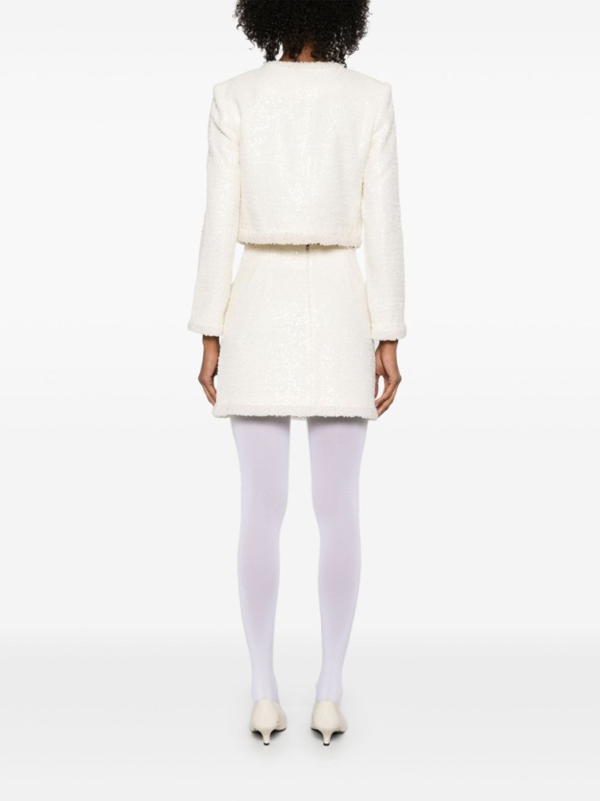 Self-portrait Mini Yellow Skirt With Flounce And Jewel Buttons In Tweed Woman In White