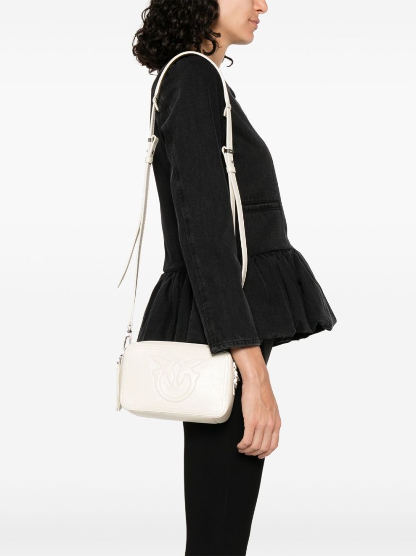 Pinko Sleek Rectangular White Leather Shoulder Bag With Embossed Logo