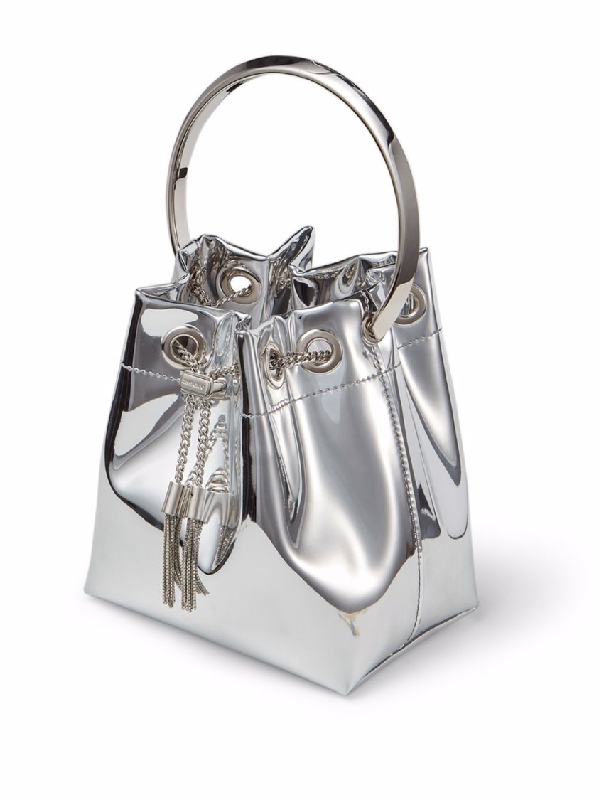 Jimmy Choo Structured Metallic Bucket Bag With Circular Handles In Silver
