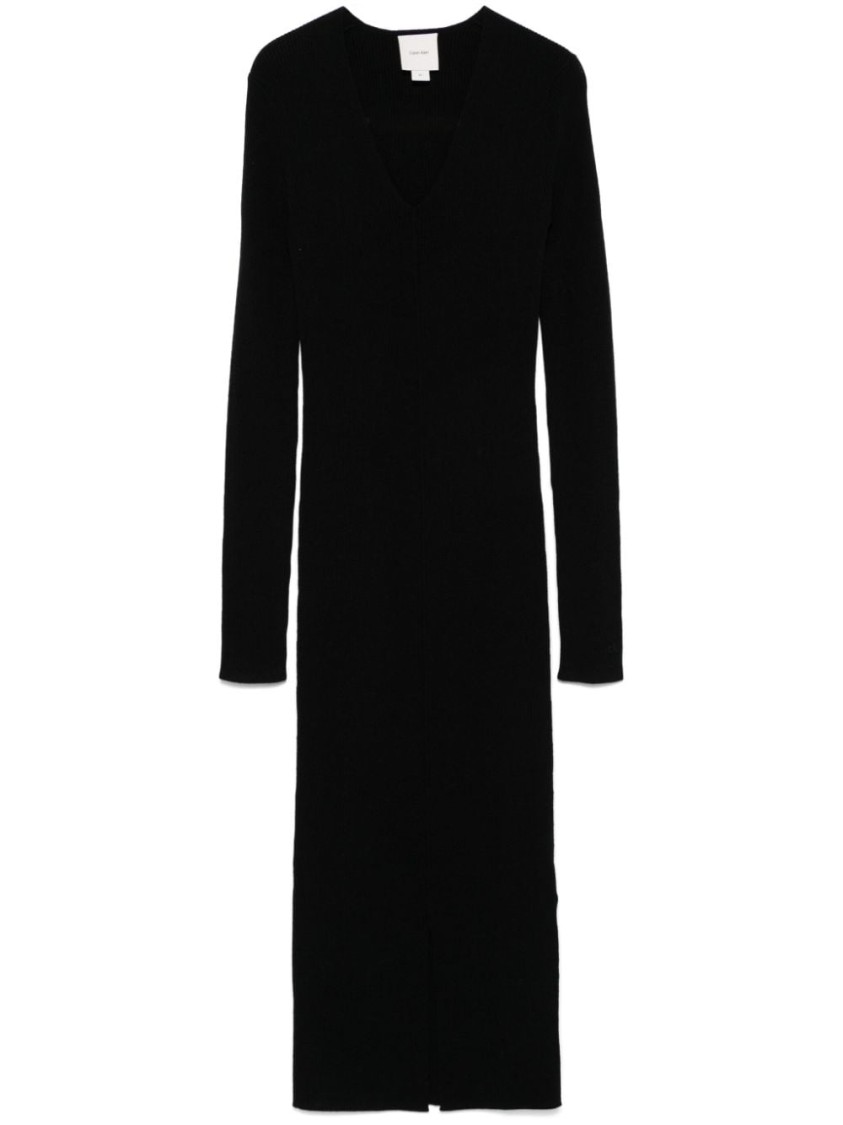 Calvin Klein Rib V-neck Midi Dress In Black