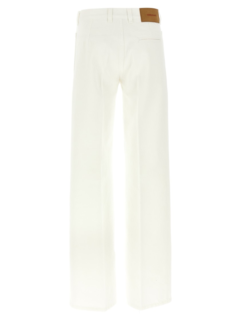 Ferragamo Wide Leg Garment-dyed Cotton Denim Jeans In White