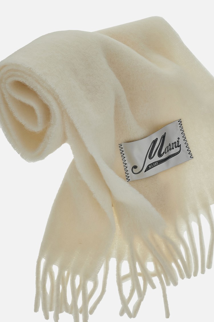 Marni Fringed Wool Scarf With Logo Label In Neutral