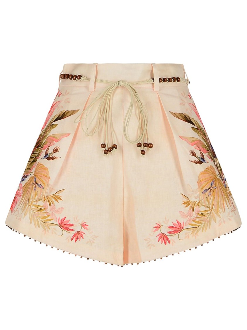 Zimmermann Tuck' Linen Pleated Shorts In 'cream Palm Floral' In Neutral
