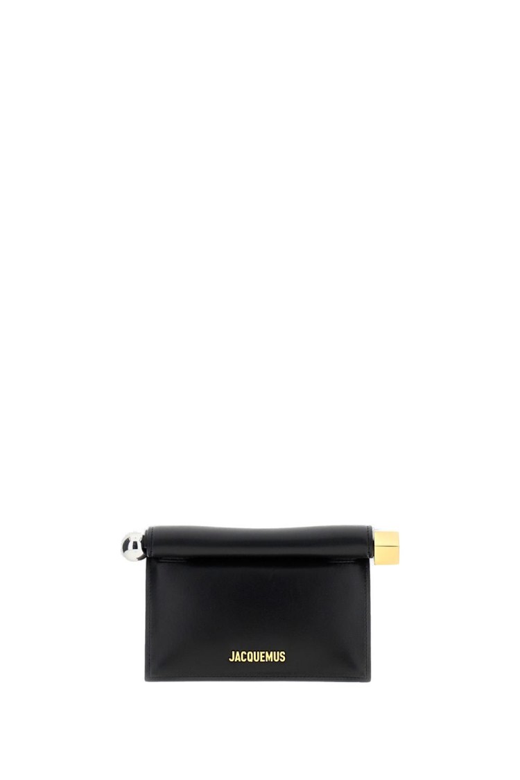 Jacquemus Calfskin Leather Clutch With Gold Accents And Removable Chain Strap In Black