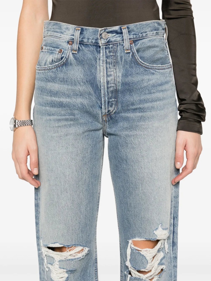 Shop Agolde Distressed Indigo Blue High-waisted Kelly Jeans