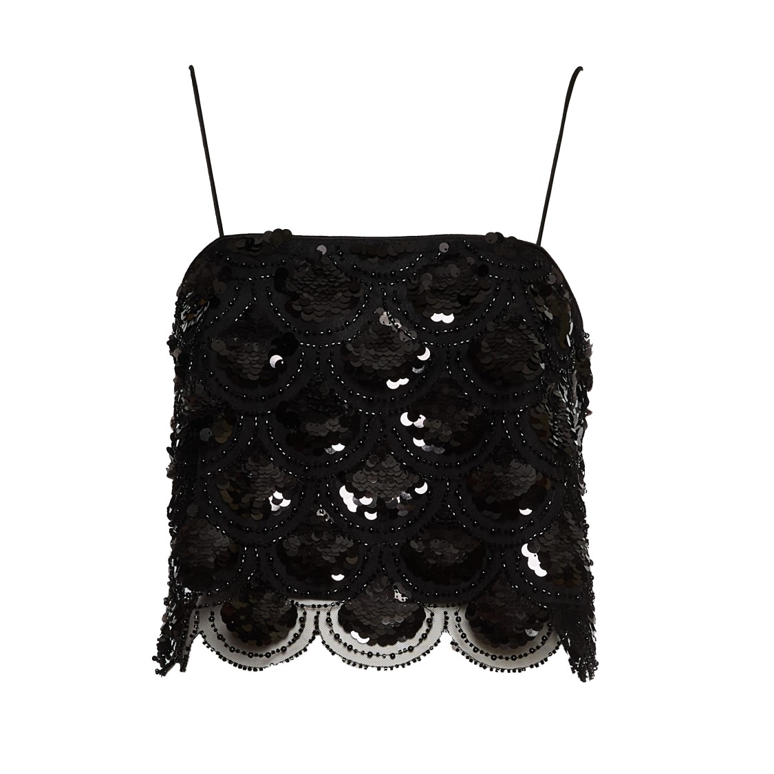Rotate Birger Christensen Rotate Black Crop Top With Scalloped Sequin Embellishment