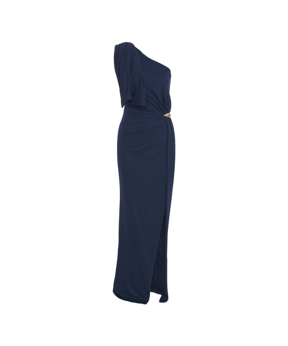 Elisabetta Franchi Draped One-shoulder Dress With Side Slit In Blue