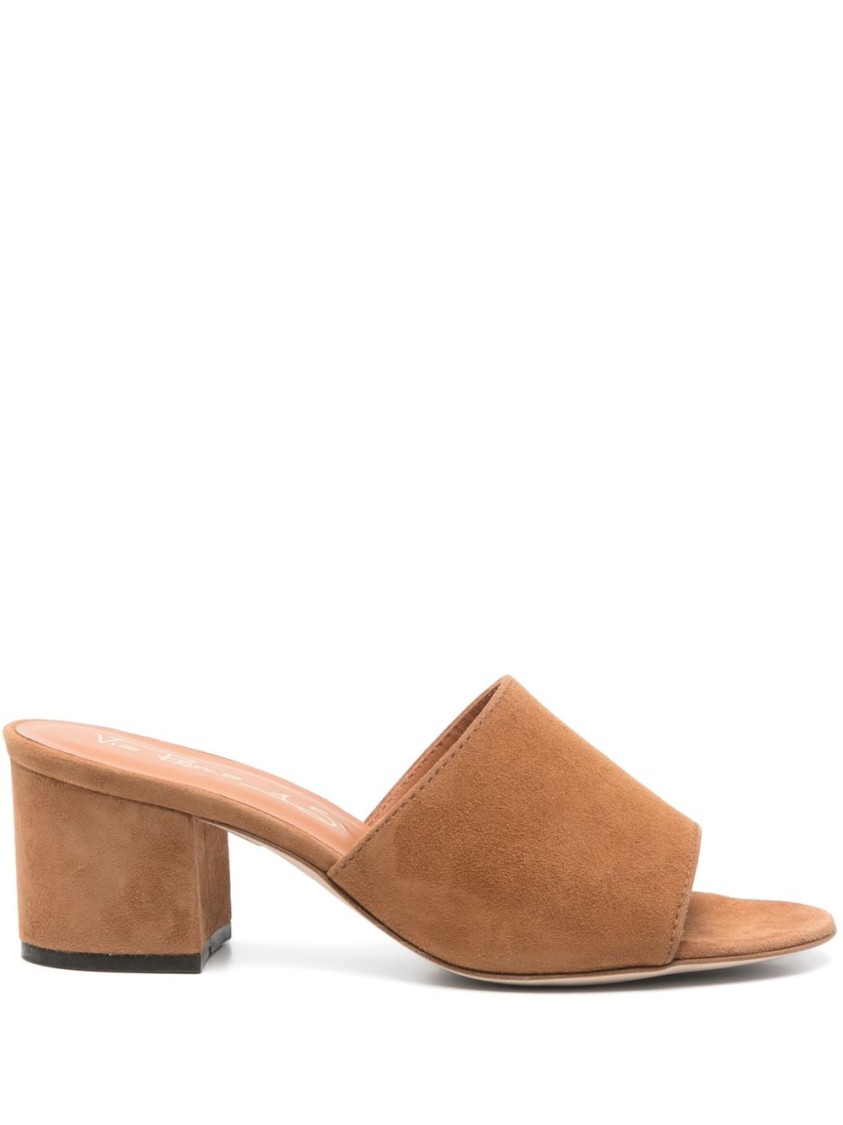 Shop Via Roma 15 Open-toe Suede Mules With Mid Block Heel In Brown