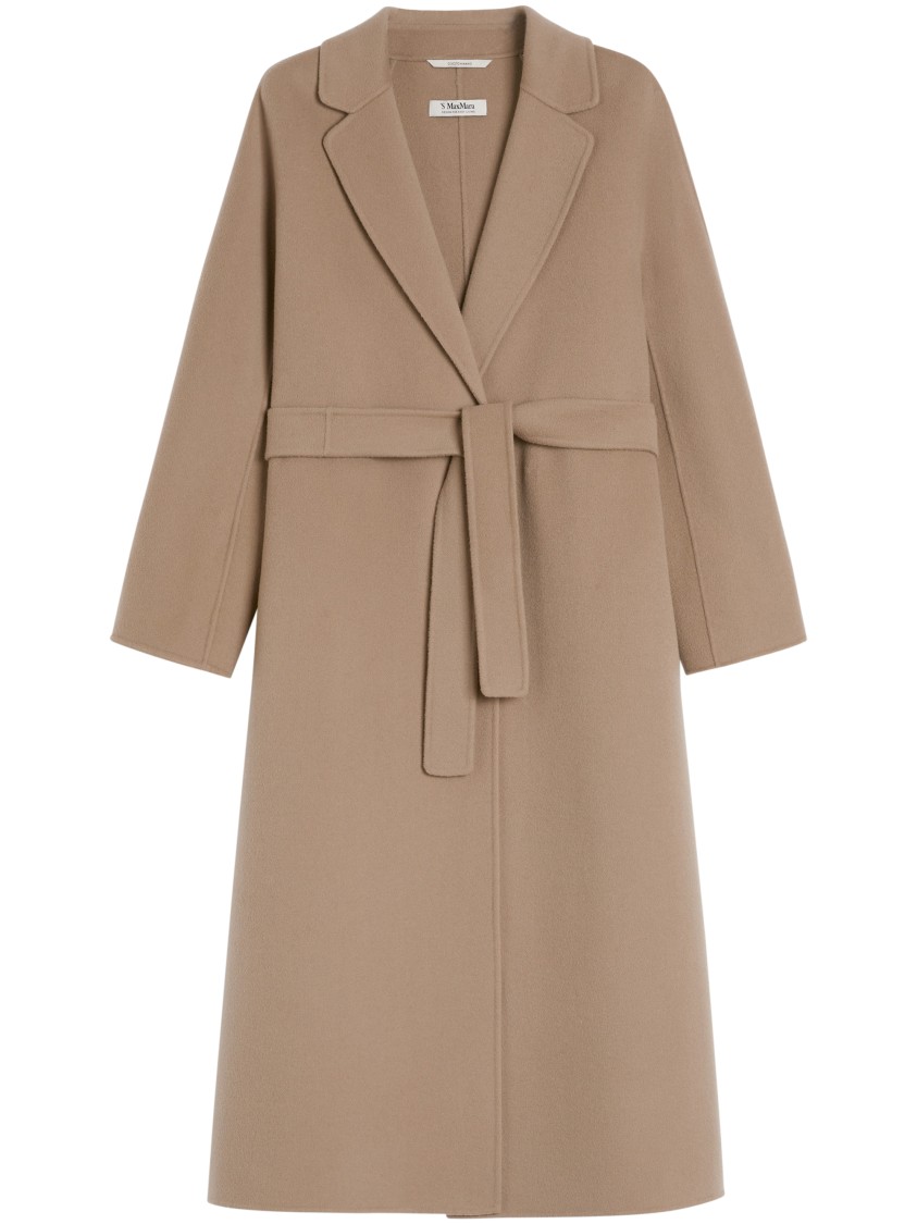 Max Mara Dove Grey Long Coat With Belted Waist And Classic Lapel In Brown