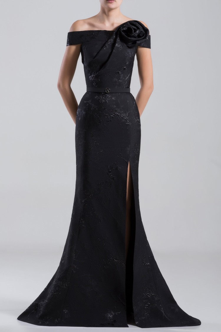 Saiid Kobeisy Long Brocade Dress With A Thin Belt In Black
