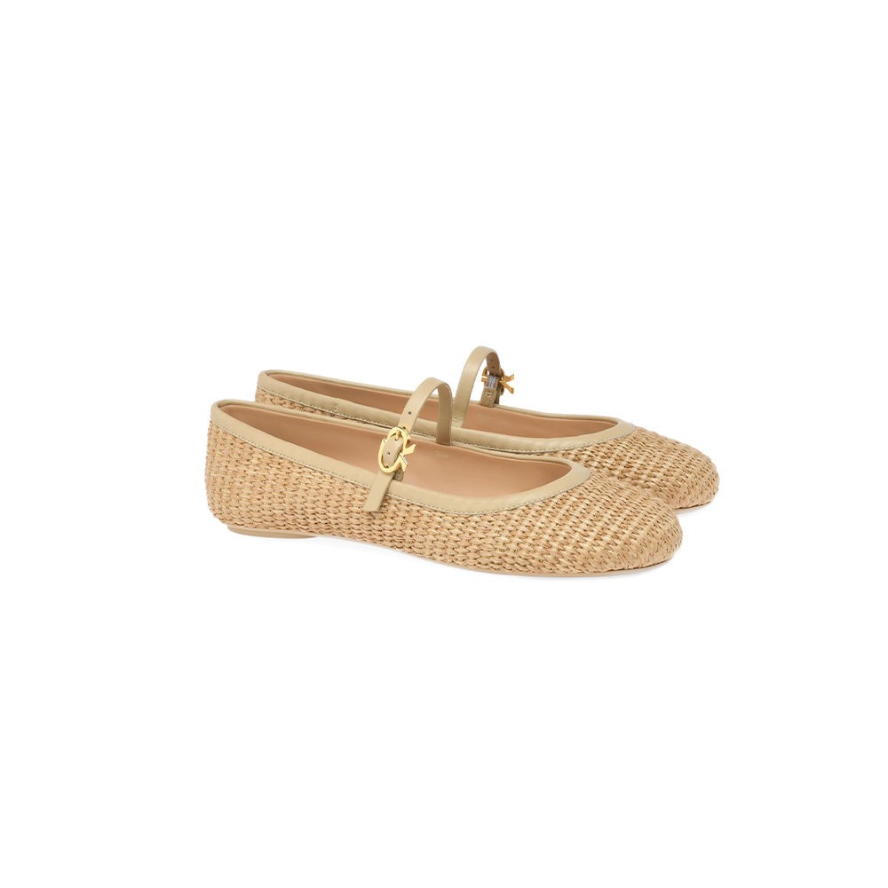 Gianvito Rossi Carla Leather-trimmed Raffia Mary Jane Ballet Flats
