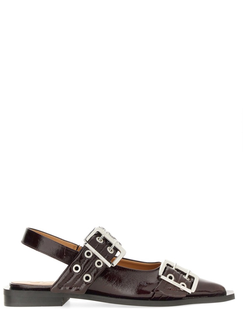 Ganni Black Croco Print Slingback Ballet Flat Shoe With Buckles