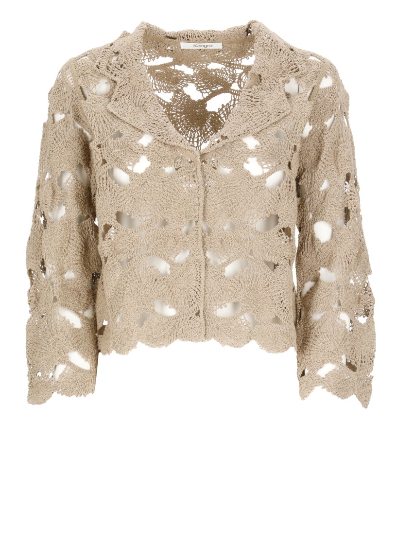 Kangra Cashmere Kangra Open-knit Beige Jacket With Scalloped Edges
