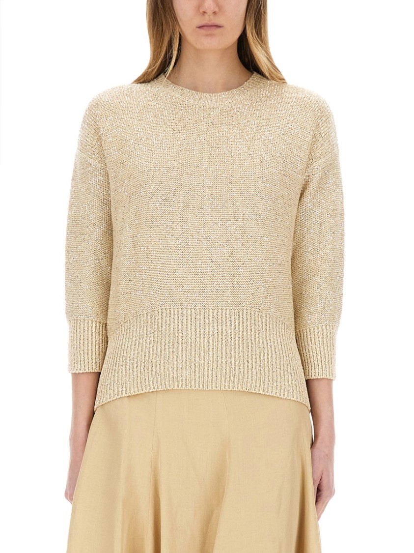 Fabiana Filippi Three-quarter Sleeve Cotton Jersey Top With Ribbed Hem In Neutrals