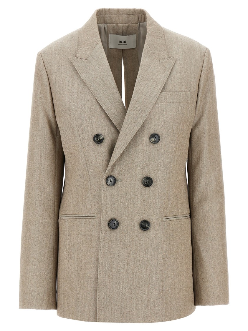 Ami Alexandre Mattiussi Ami Maxi Split Double-breasted Wool Blazer In Nude