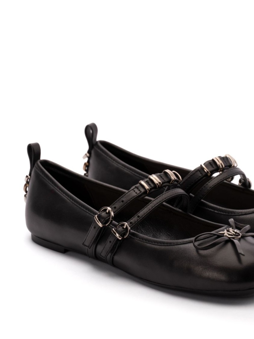 Pinko Nappa Leather Ballet Flats With Straps And Bow In Black