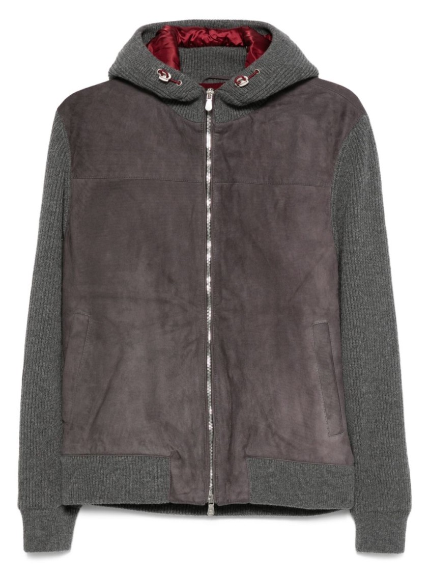 Brunello Cucinelli Grey Suede And Knit Hooded Jacket In Gray