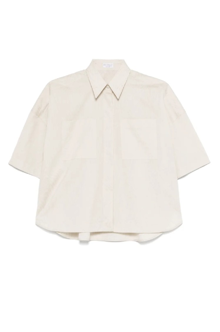 Brunello Cucinelli Short-sleeved Relaxed Fit Shirt With Textured Fabric In Neutral