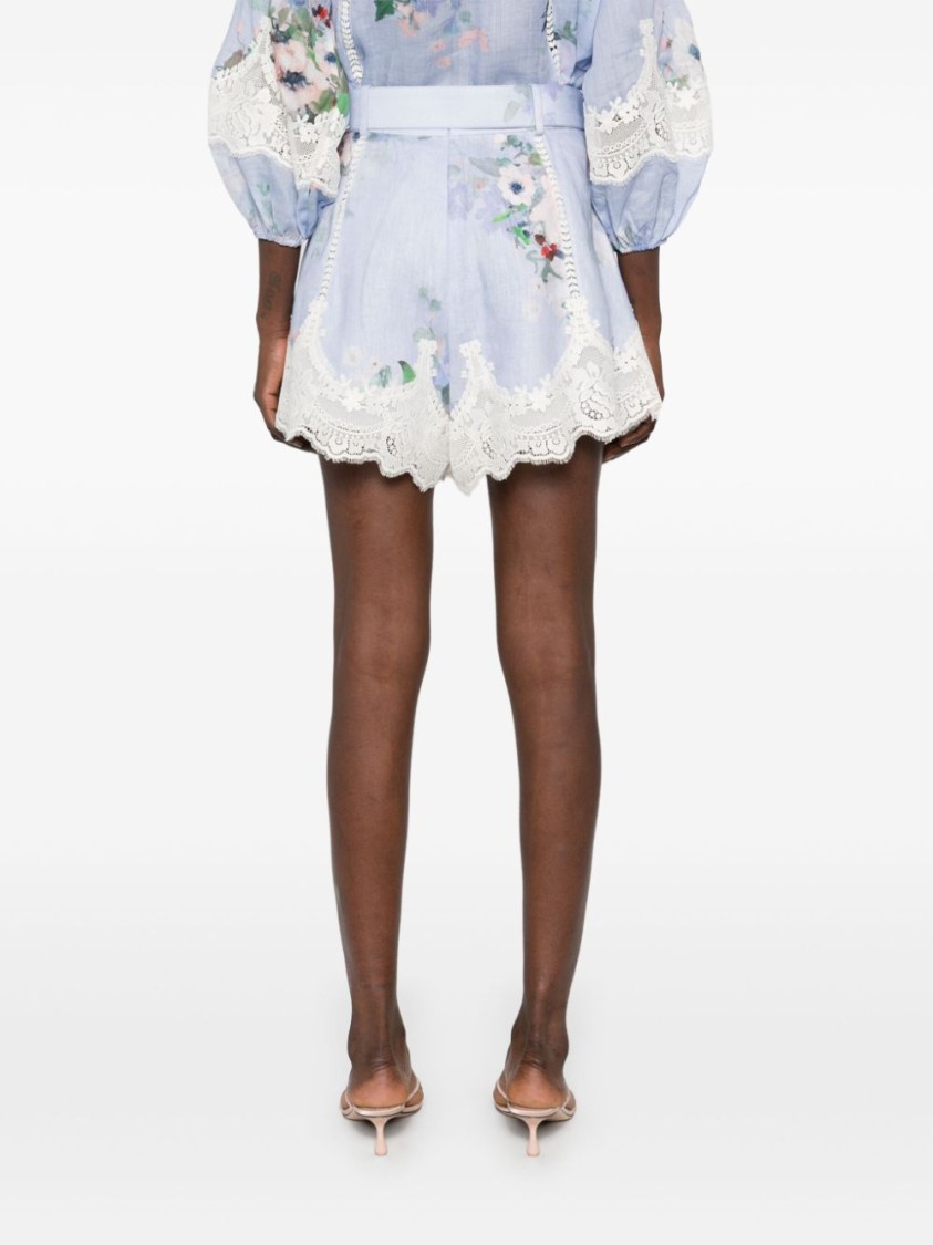 Zimmermann Womens Light Blue Floral Everley Tuck Floral-pattern Linen Shorts In Blue