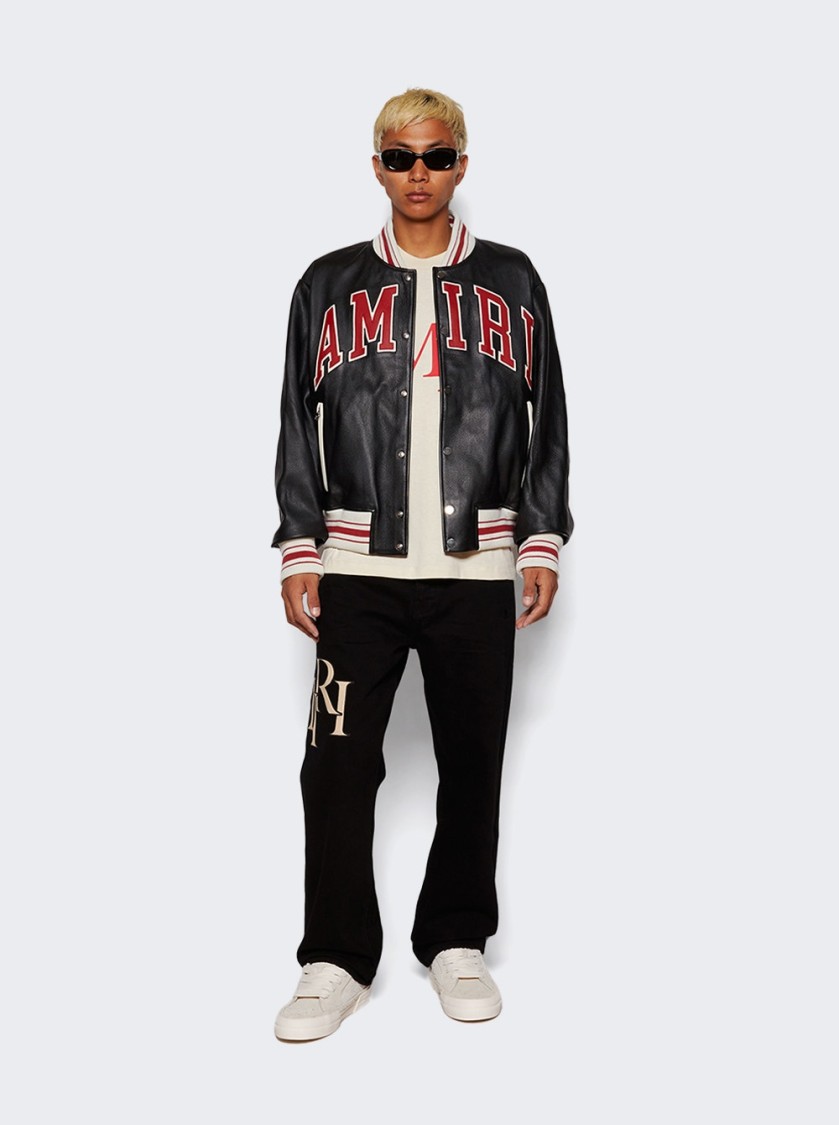 Amiri Black Bomber Jacket With Logo Patch In Leather Man