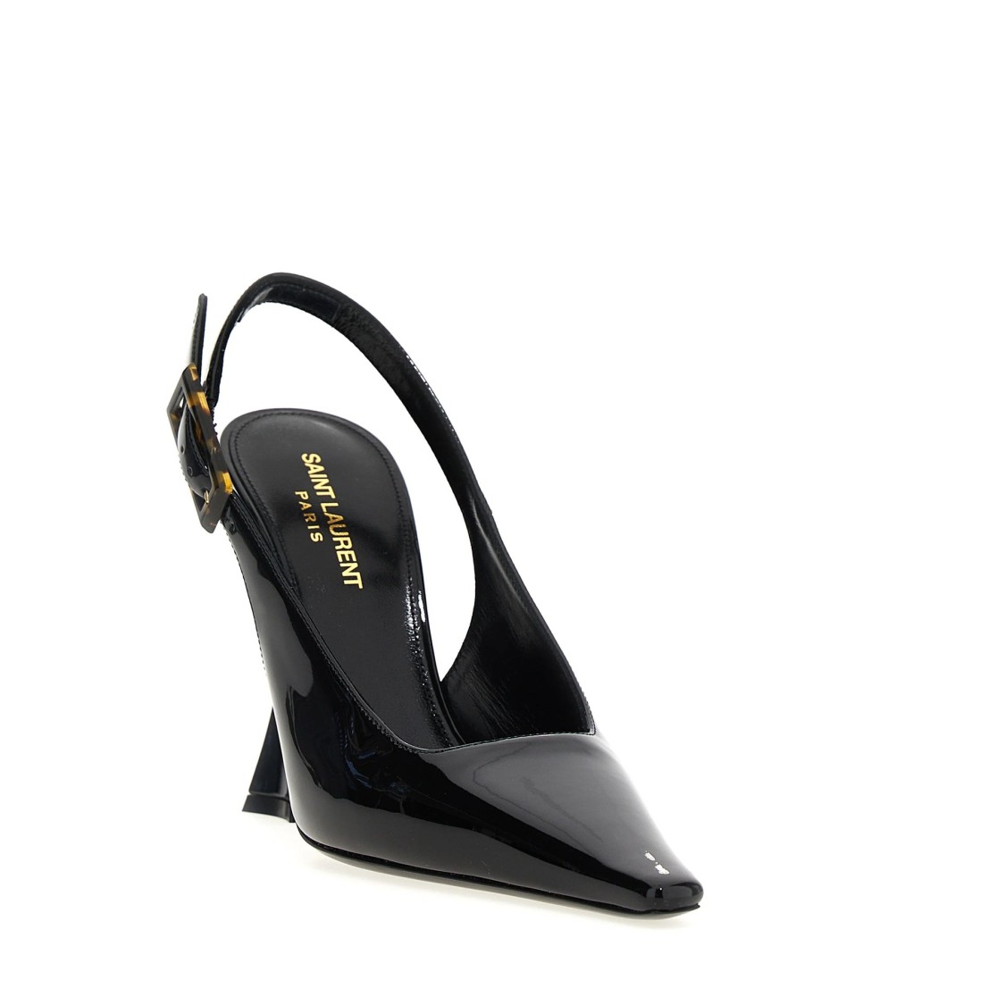 SAINT LAURENT SAINT LAURENT PATENT LEATHER SLINGBACK PUMPS WITH TORTOISESHELL BUCKLE