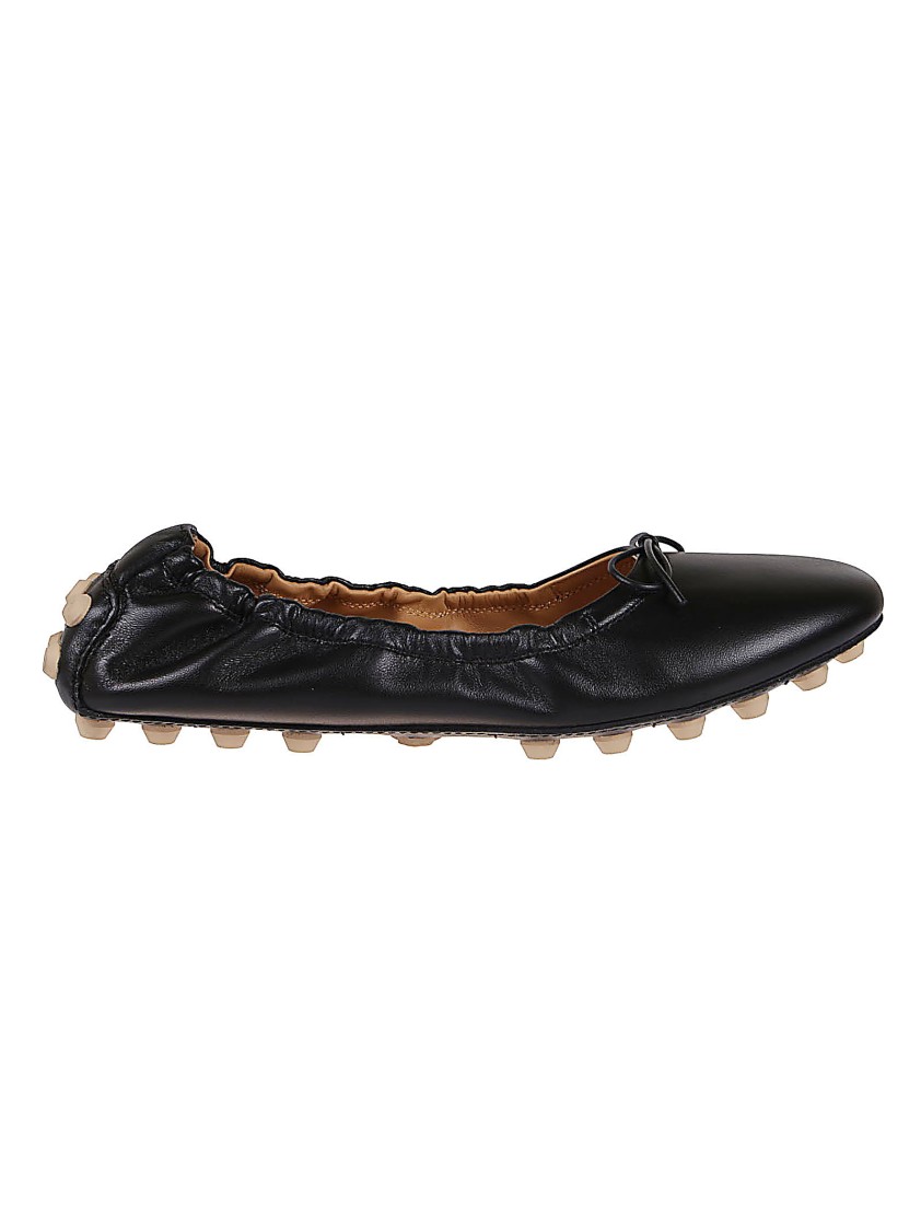 Tod's Black Leather Ballet Flats With Gathered Elasticized Trim In Black