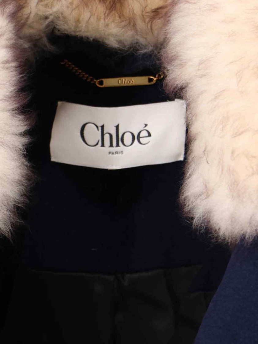 Chloé Double-breasted Fur Collar Gold Buttons Jacket In Blue
