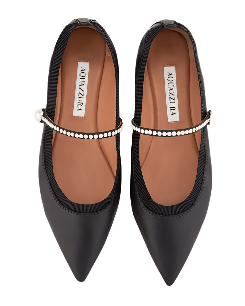Aquazzura Romy Leather Pearly Mary Jane Ballerina Flats