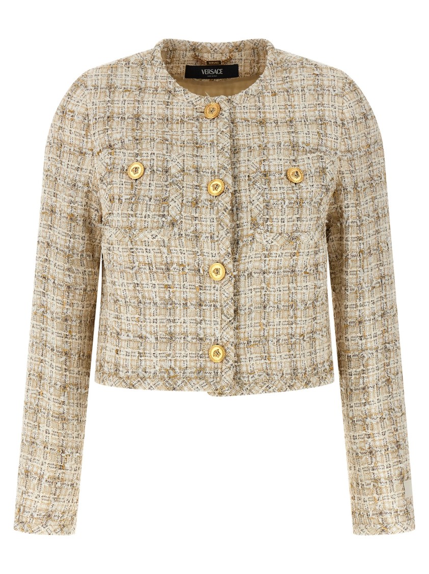 Versace Beige Cropped Jacket With Medusa Head Motif Button In Neutral