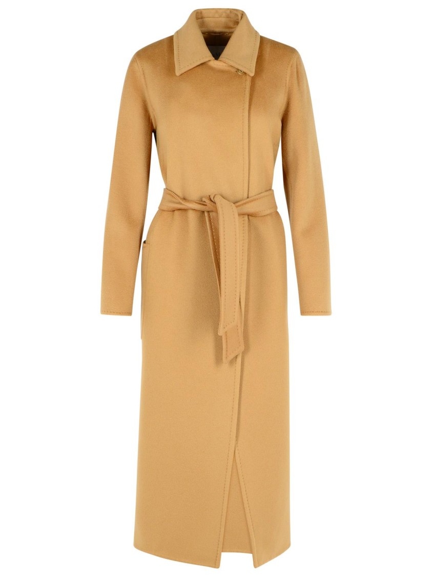 Max Mara Cashmere Coat With Belted Waist And Long Length In Neutrals