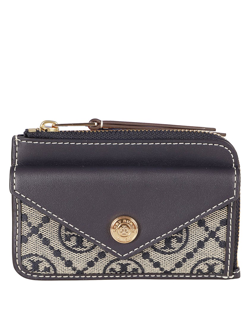Tory Burch Textured Fabric And Leather Wallet In Gray
