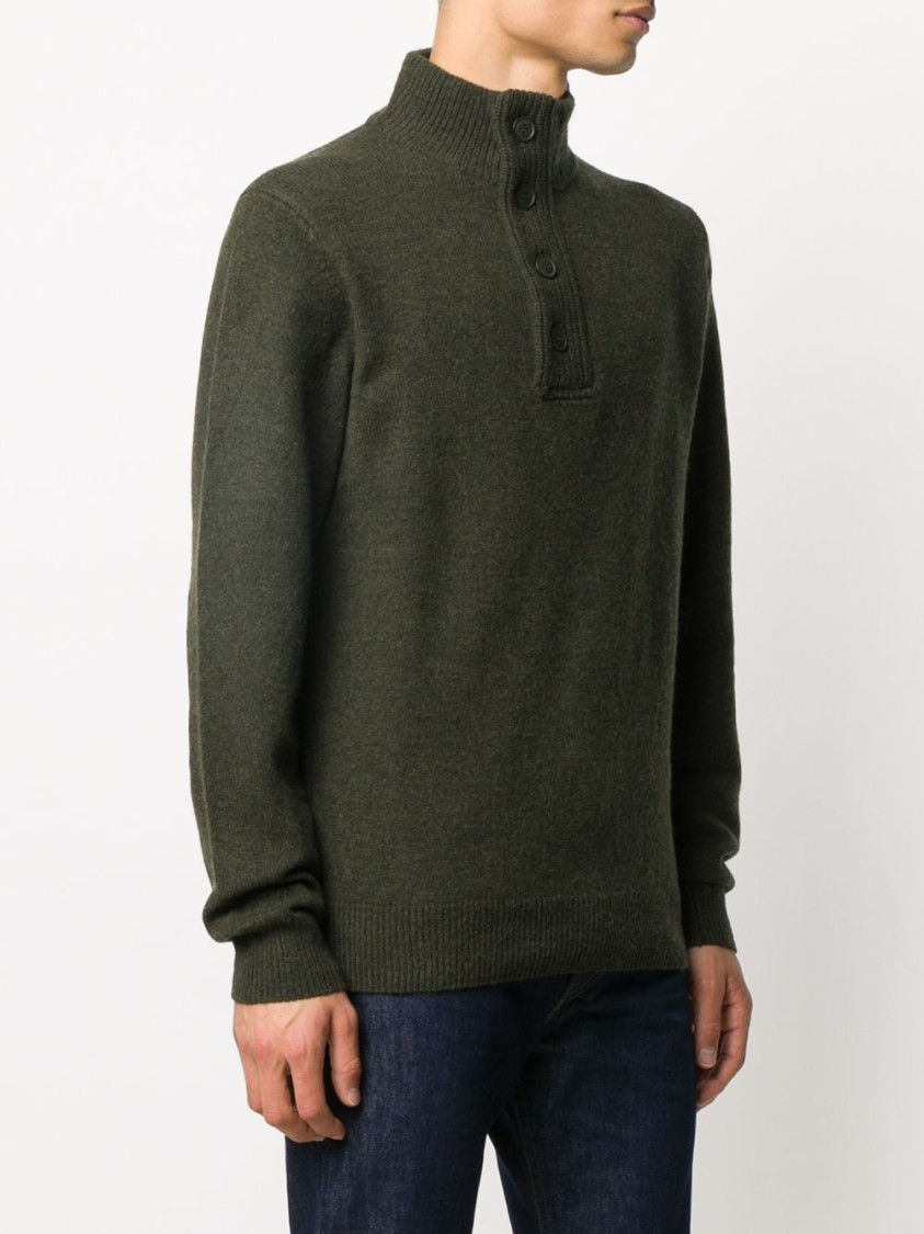 Barbour Forest Green Wool Knit Sweater With Ribbed Detailing And Button Accents In Green