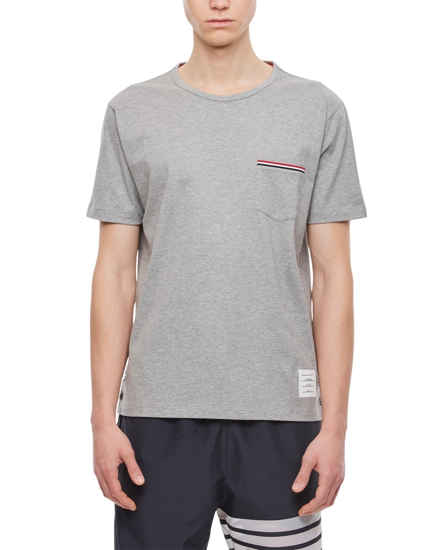 Thom Browne Short-sleeve Crew Neck T-shirt With Chest Pocket And Striped Trim Detail In Grey
