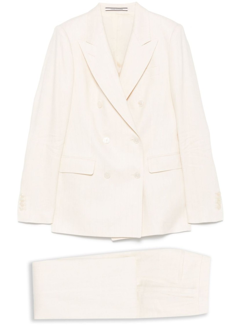 Tagliatore Double-breasted Blazer With Flared Trousers In Textured Fabric In Neutrals