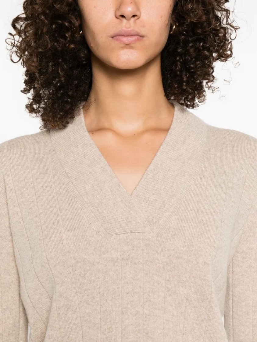 Max Mara Arten Ribbed V-neck Jumper In Neutral