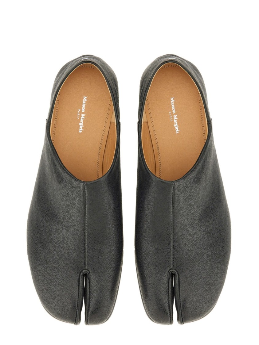 Maison Margiela Tabi Grey Branded Leather Slip On In Black