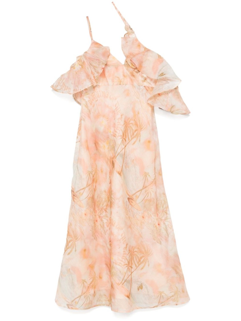 Zimmermann Floral Print Midi Dress With Ruffled Sleeves In Neutral