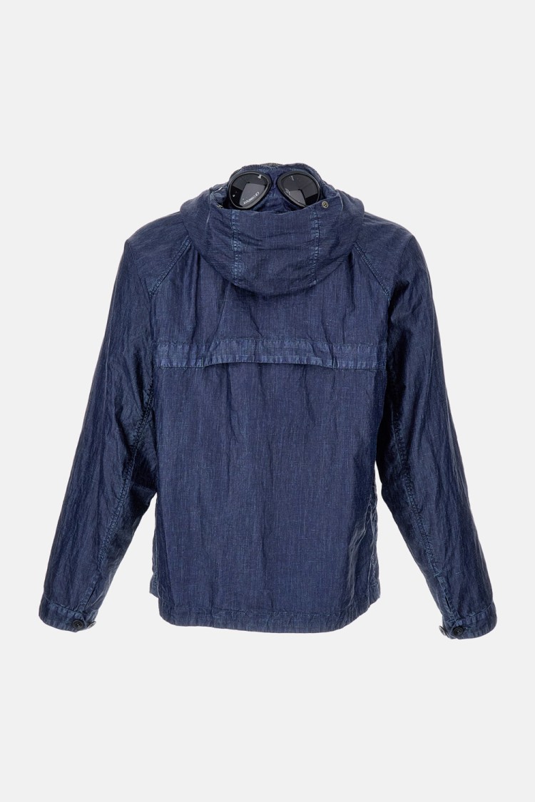 C.p. Company Textured Linen Jacket With Functional Hood And Built-in Glasses In Blue